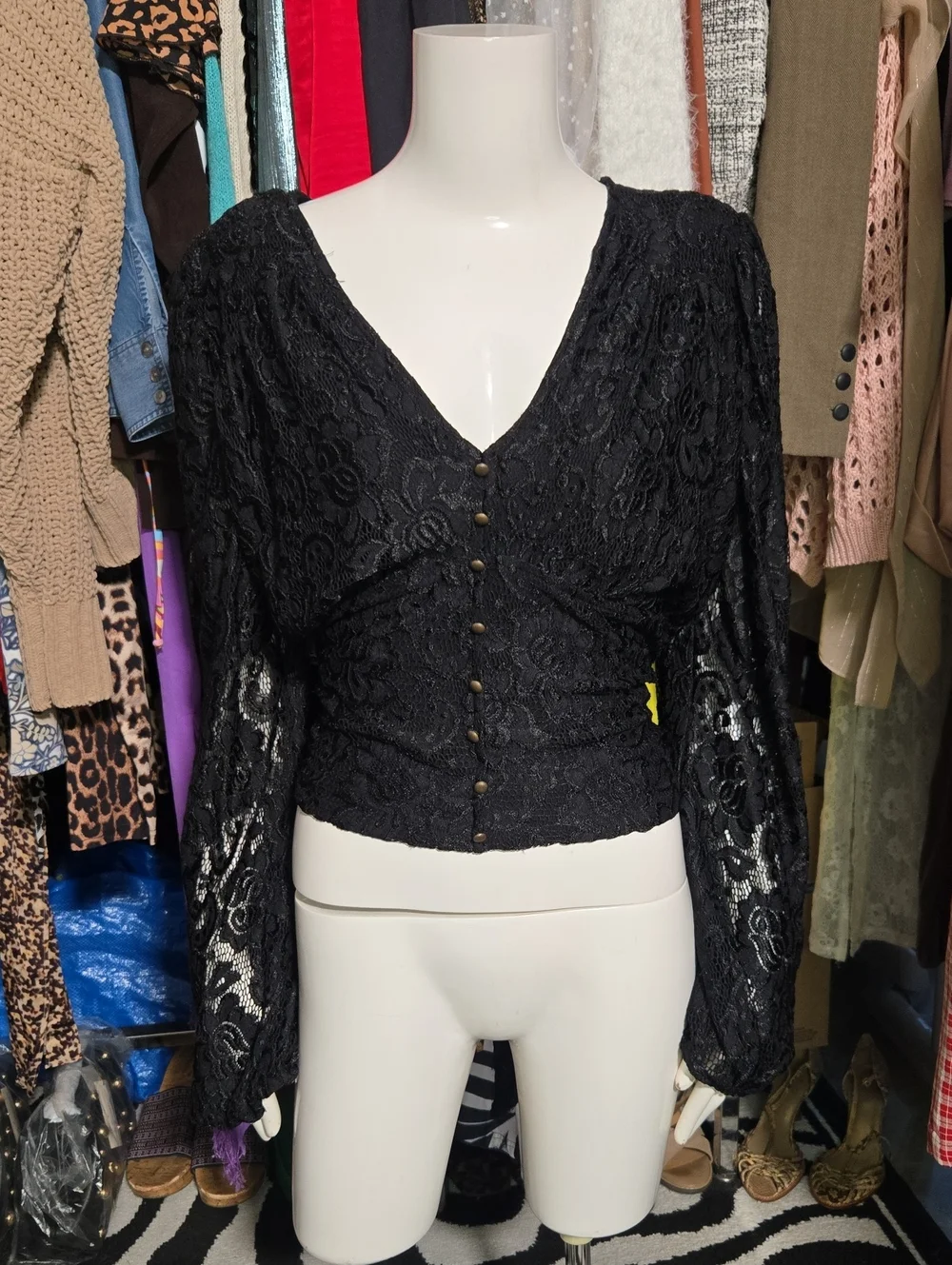 Anthropologie Black Lace Button-Front V-Neck Blouse